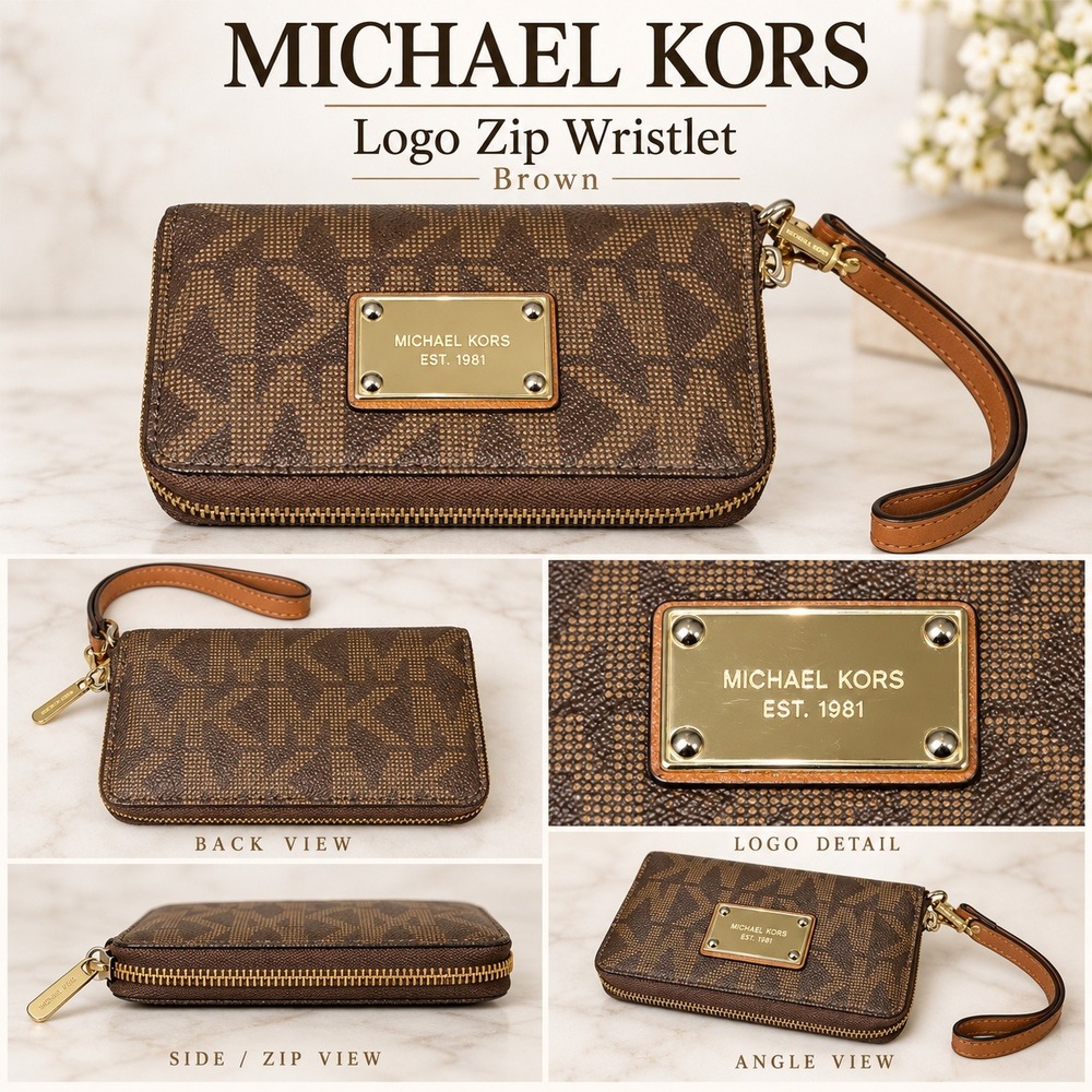 Michael Kors Logo Zip Wristlet Brown Monogram MK Signature Wallet Gold Tone